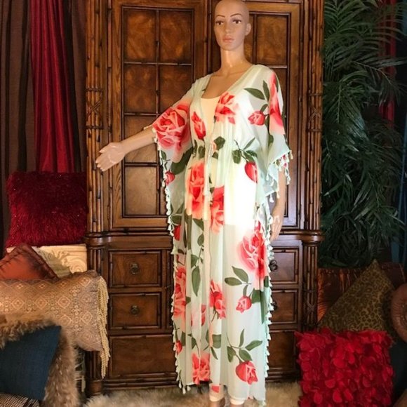 NWOT Chiffon Aqua Floral Tassel Tie Front Kimono Duster - Picture 2 of 12
